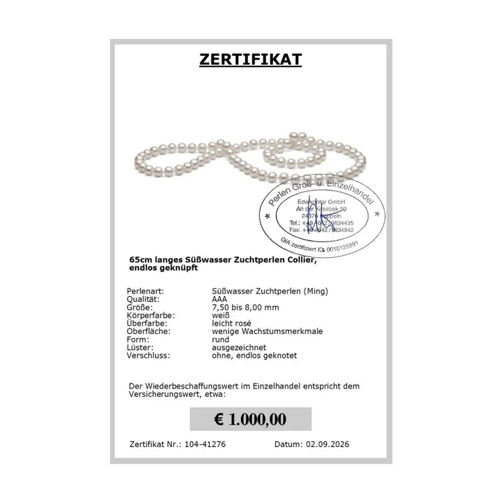 Perlenkette endlos Zertifikat