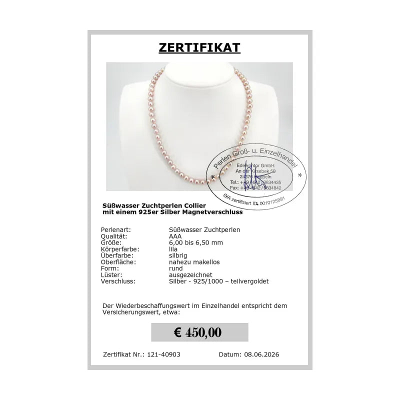 Perlenkette lila Zertifikat