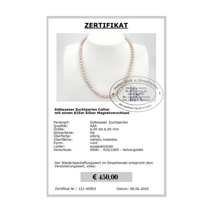 Perlenkette lila Zertifikat