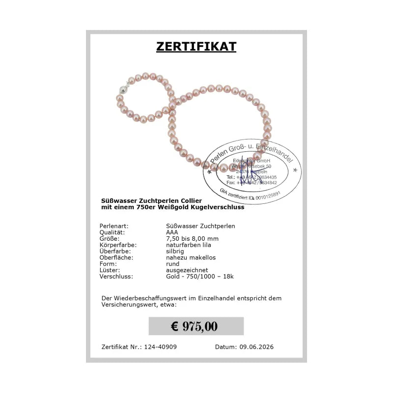 Lila Perlenkette Zertifikat
