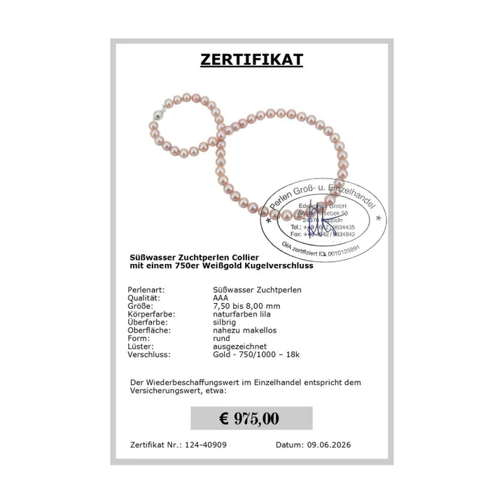 Lila Perlenkette Zertifikat