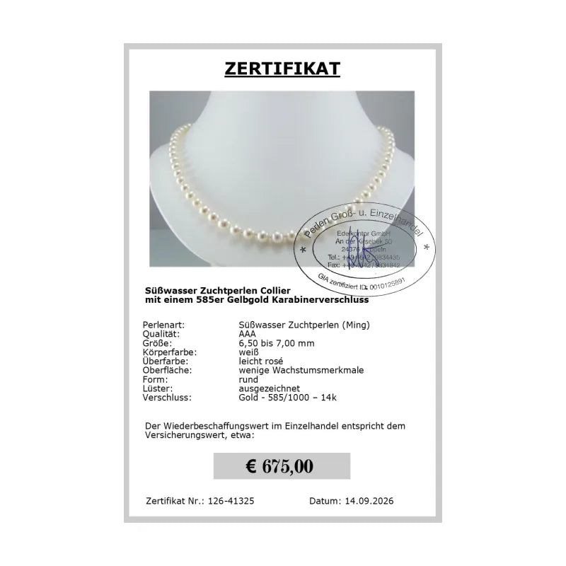 Ming Süßwasser Perlencollier - Zertifikat