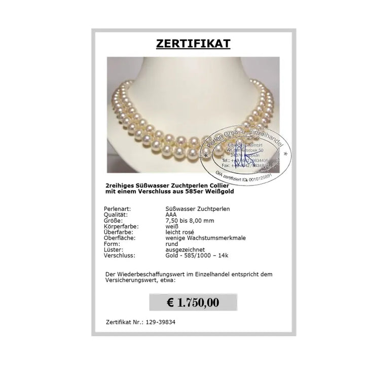 Perlenkette doppelreihig Zertifikat