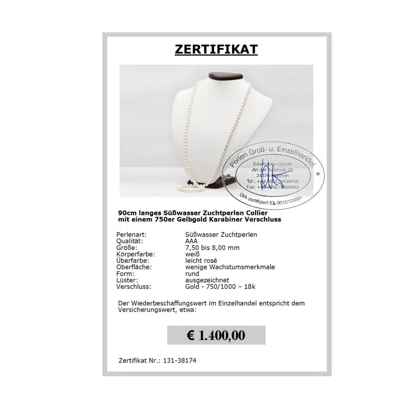 Lange Perlen Halskette - Zertifikat