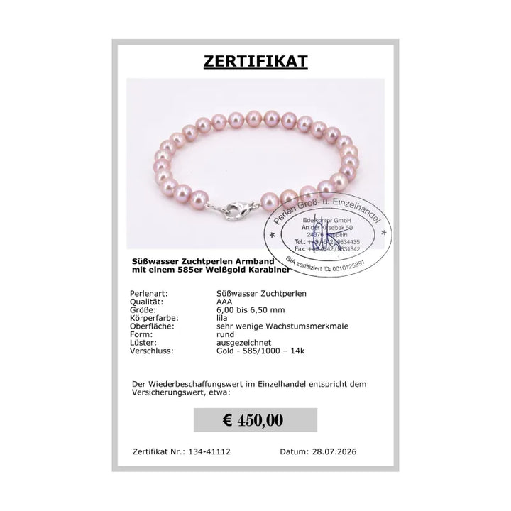 Perlenarmband lila Zertifikat