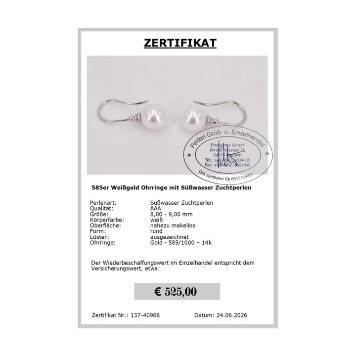 Perlenohrringe Zertifikat