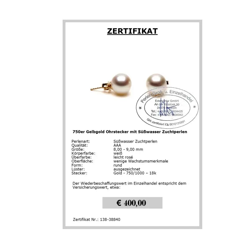 Zuchtperlen Ohrstecker Zertifikat