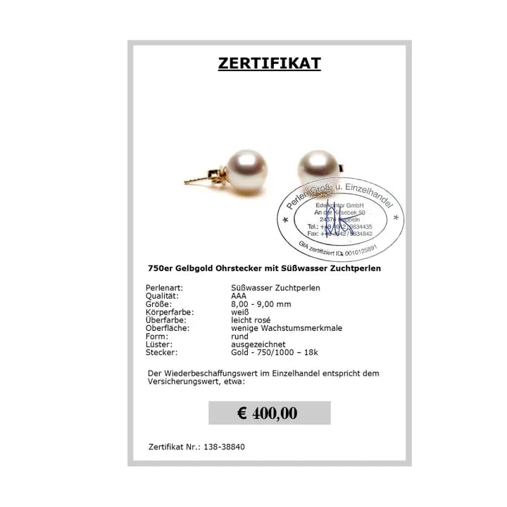 Zuchtperlen Ohrstecker Zertifikat