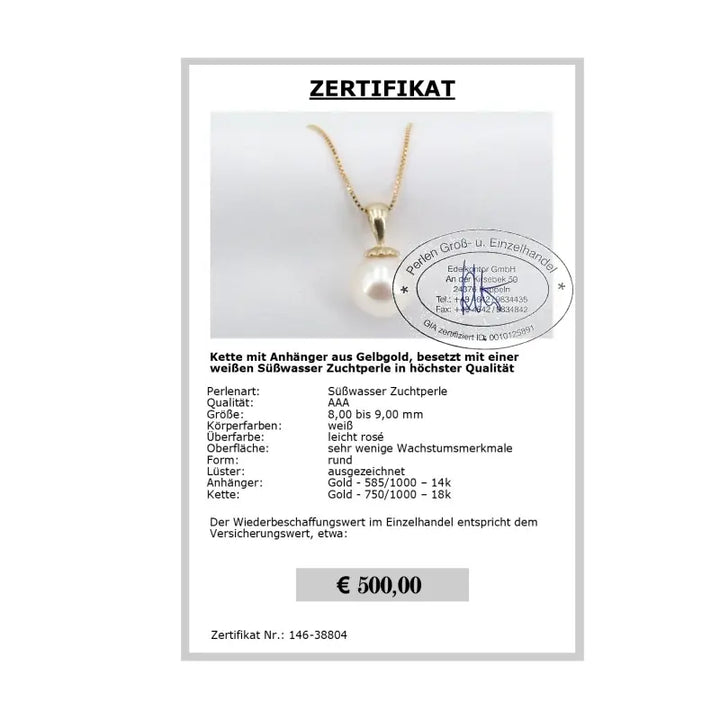 Perlenschmuck Anhänger Zertifikat