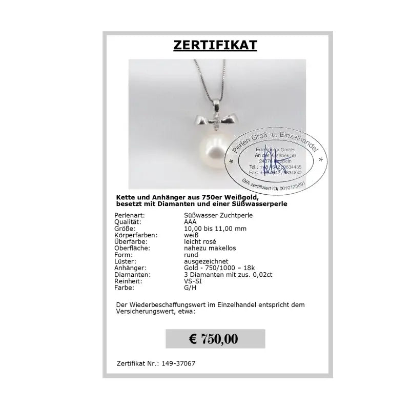 Diamant Schmuck Perlen Anhänger - Zertifikat