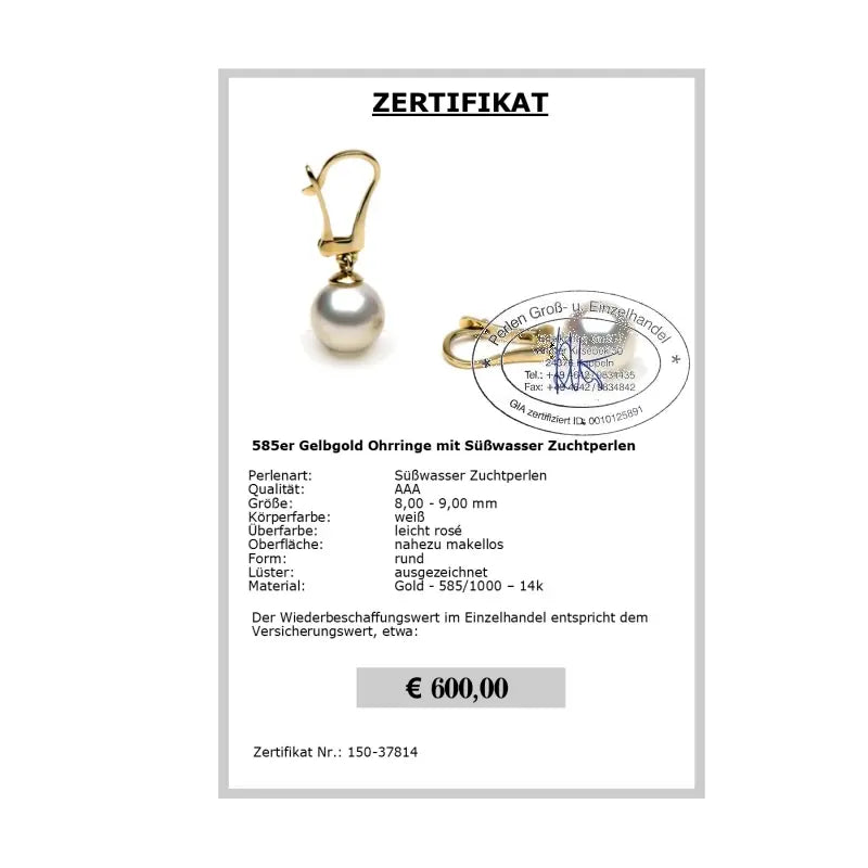 Perlenohrringe Zertifikat
