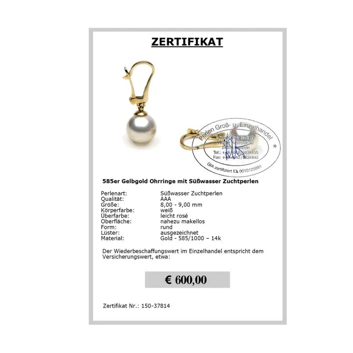 Perlenohrringe Zertifikat