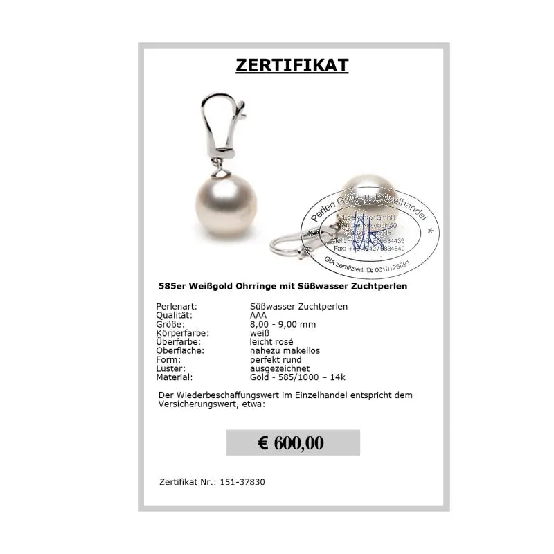 Perlenohrringe Zertifikat