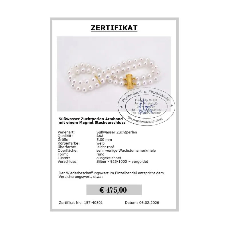 Zuchtperlen Armband - Zertifikat