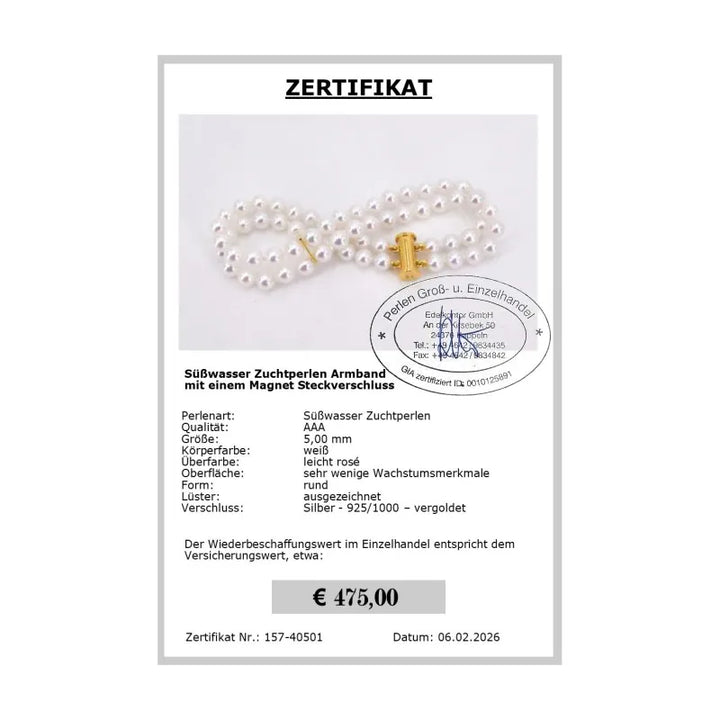 Zuchtperlen Armband - Zertifikat