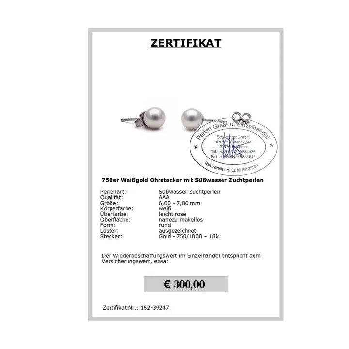Perlen Ohrstecker Weißgold Zertifikat