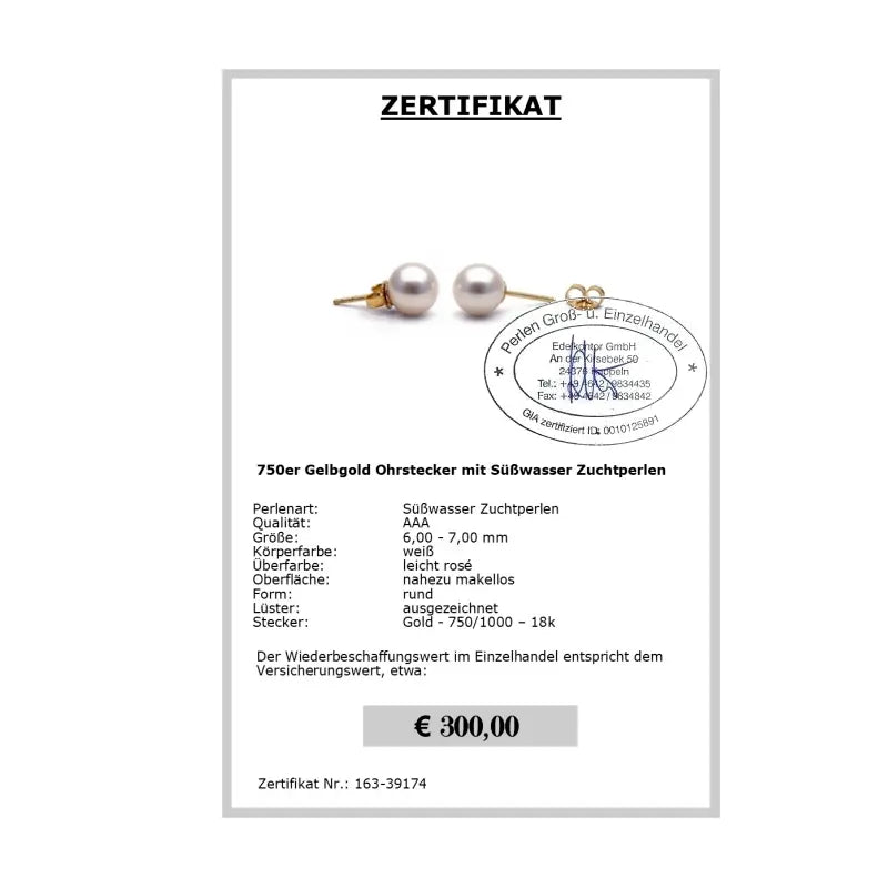 Perlen Ohrstecker Gelbgold Zertifikat