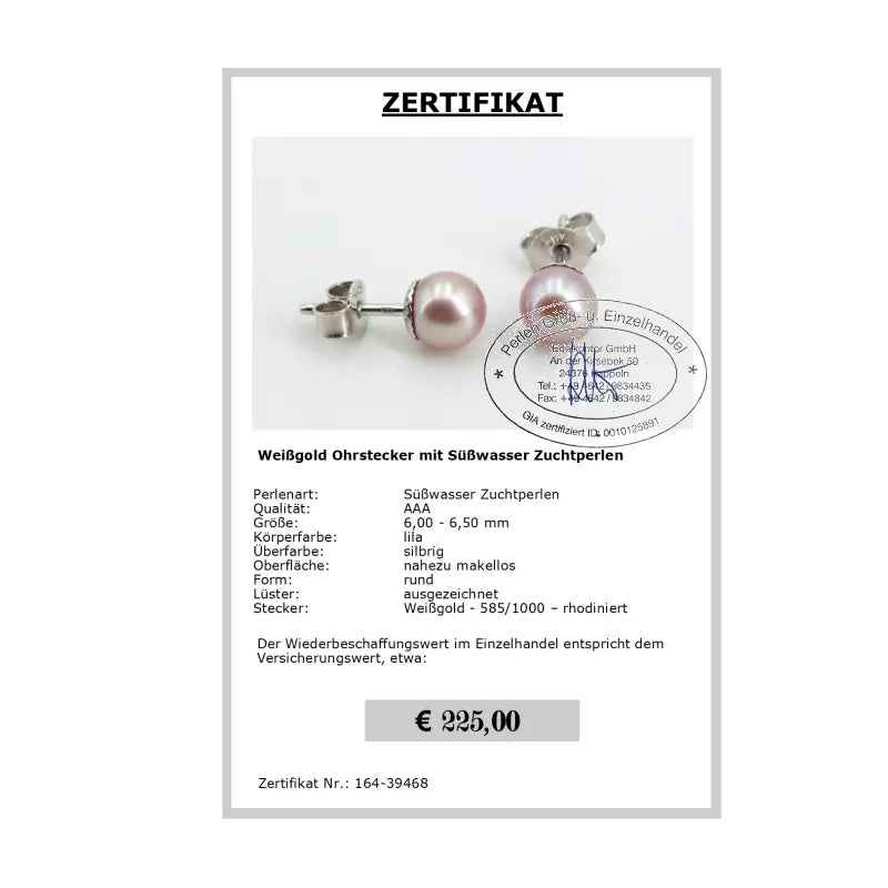Lila Perlen Ohrstecker Zertifikat