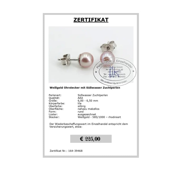 Lila Perlen Ohrstecker Zertifikat