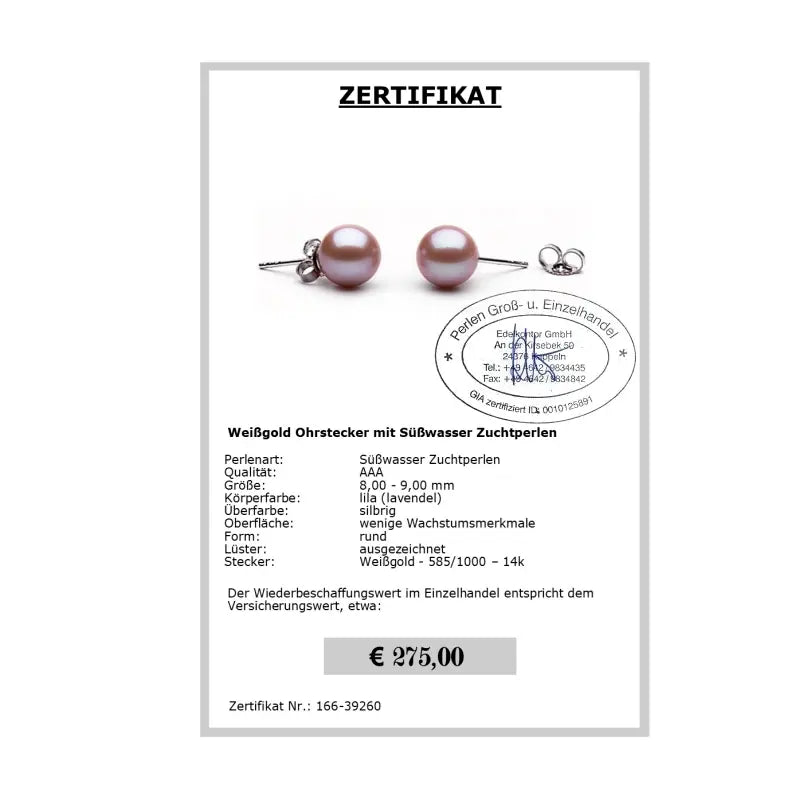 Perlen Ohrstecker lila Zertifikat
