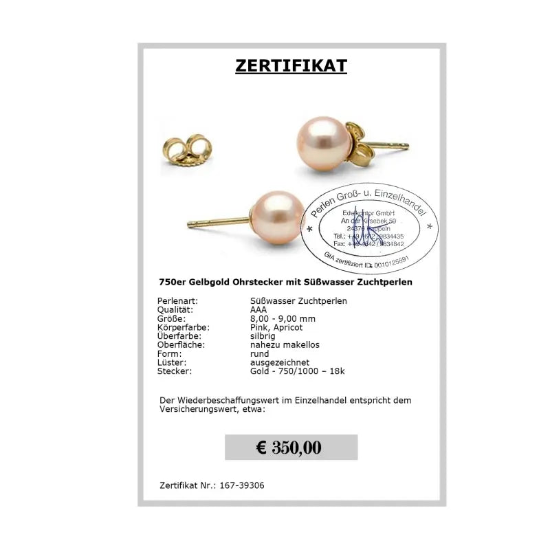 Pinke Ohrstecker Zertifikat