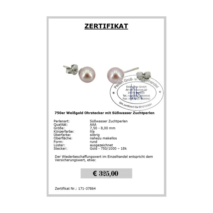 Lila Perlen Ohrstecker Zertifikat