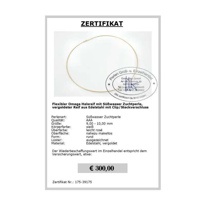 Zuchtperlenschmuck, Omegakette mit Perle Zertifikat