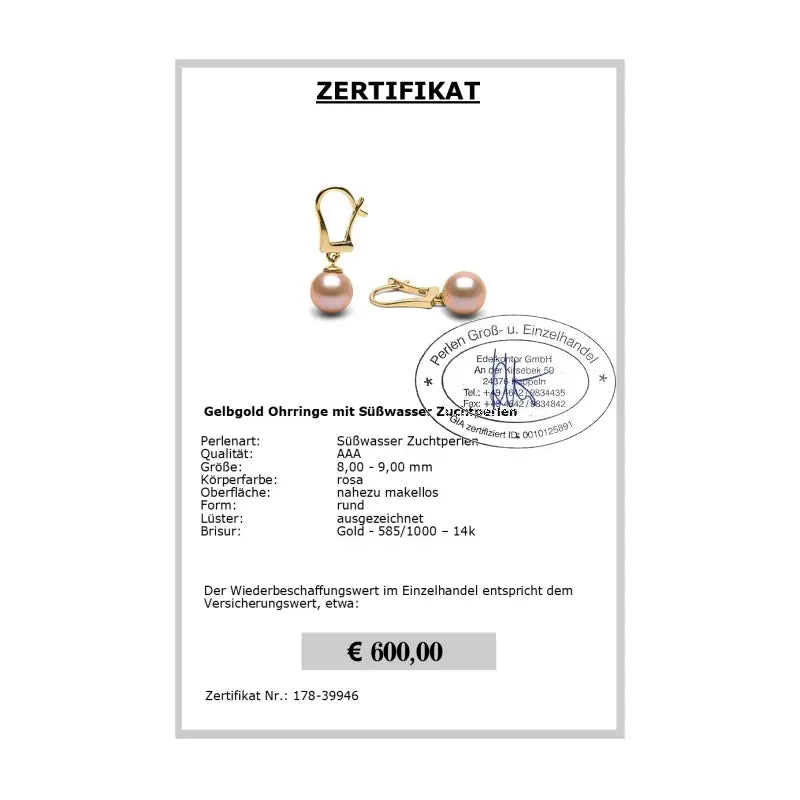 Perlen Ohrringe rosa Zertifikat