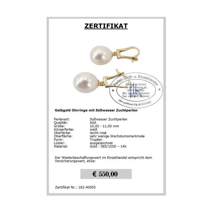 Perlen Ohrringe tropfen Zertifikat