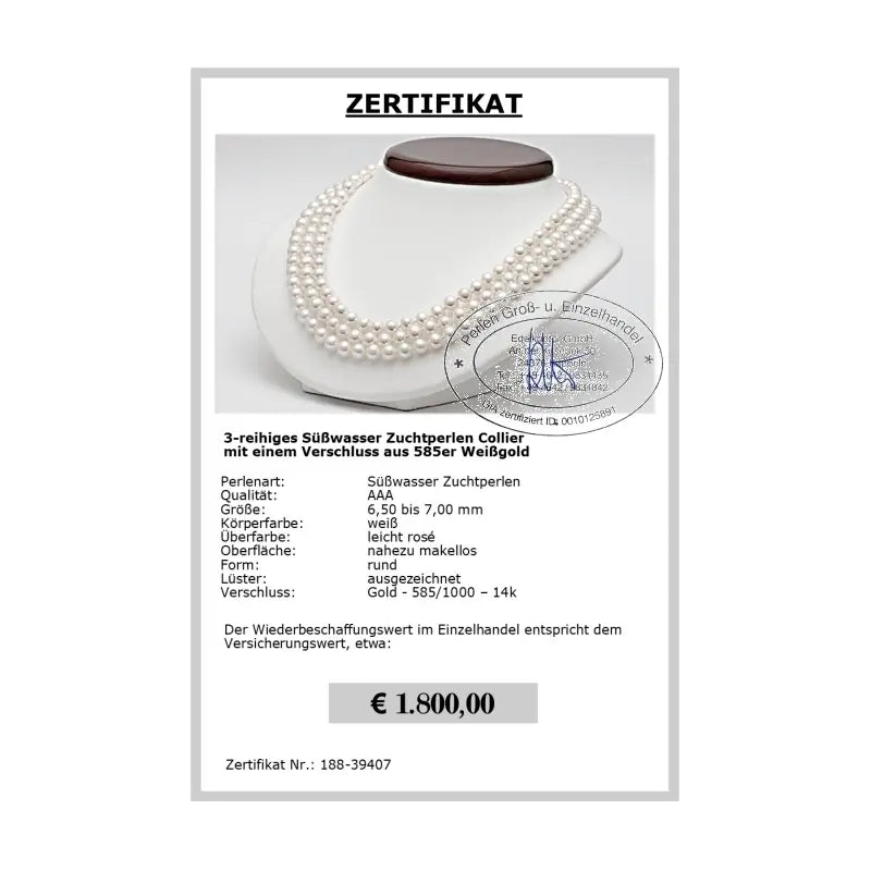Perlenkette dreireihig Zertifikat