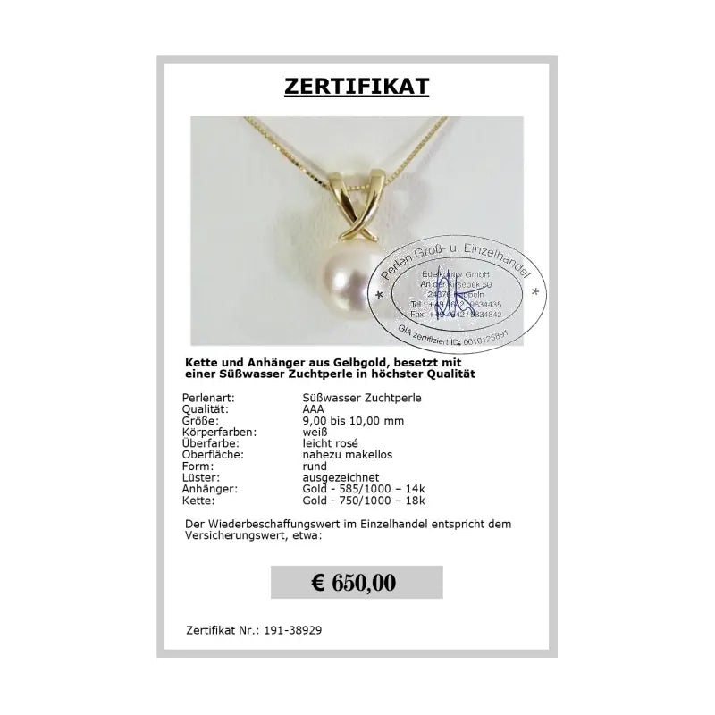 Anhänger mit Zuchtperle Zertifikat