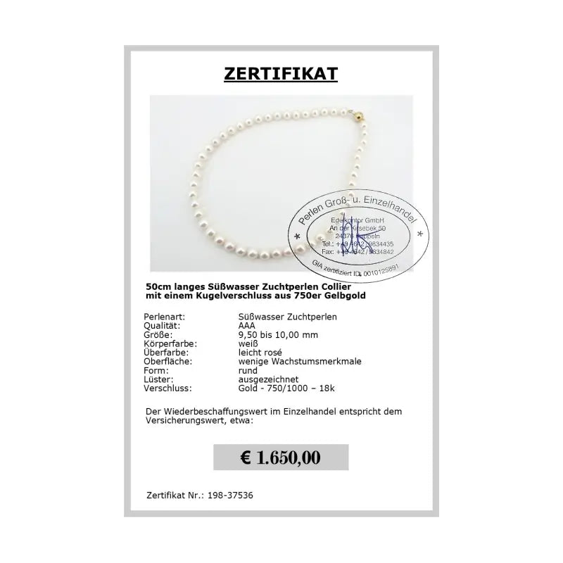 Lange weiße Perlenkette Zertifikat
