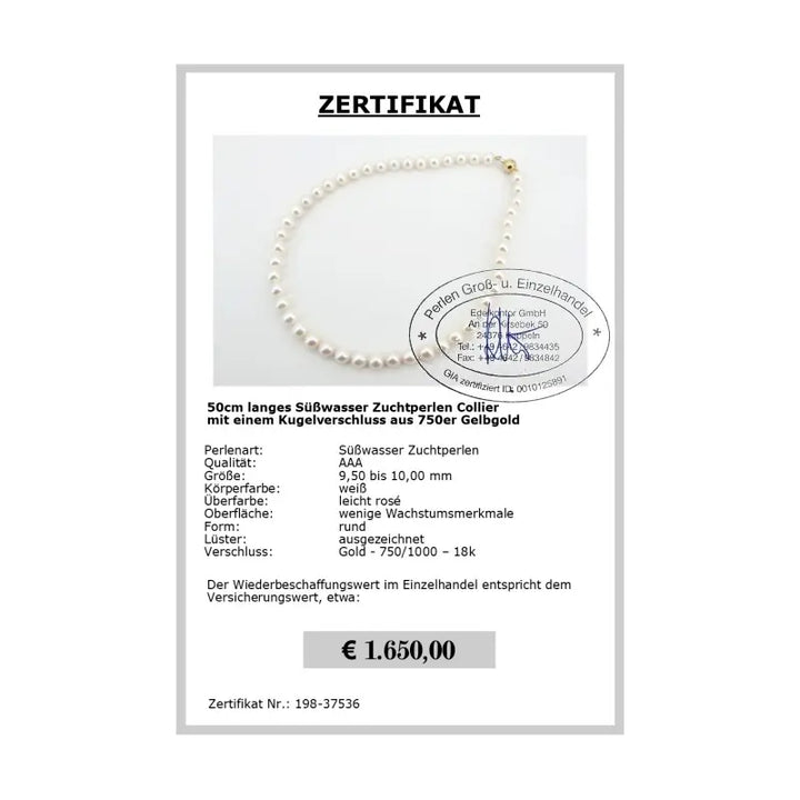 Lange weiße Perlenkette Zertifikat