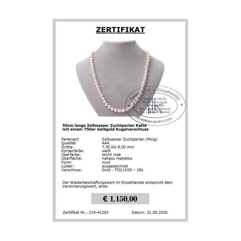 Perlenkette 50cm Zertifikat
