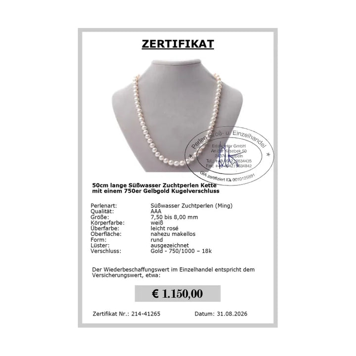 Perlenkette 50cm Zertifikat