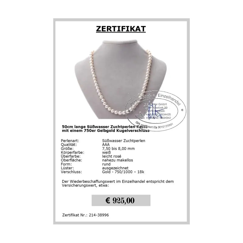 Perlenkette 50cm Zertifikat