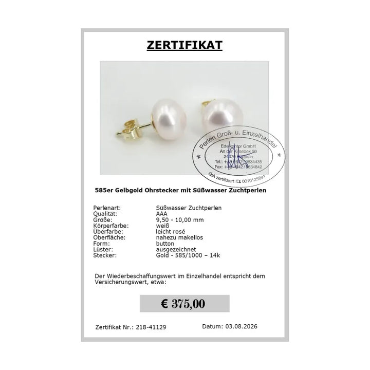 Gold Ohrstecker mit Perlen Zertifikat