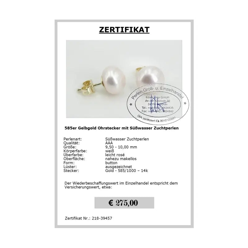Gold Ohrstecker mit Perlen Zertifikat