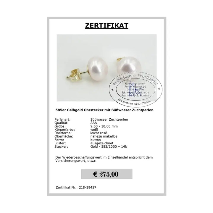 Gold Ohrstecker mit Perlen Zertifikat