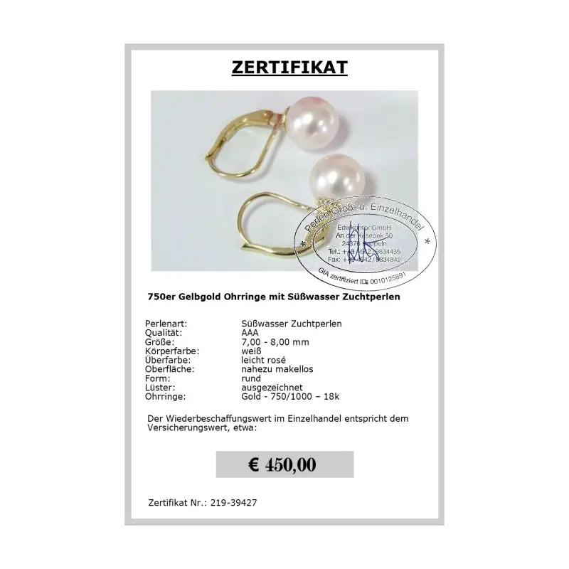 Perlen Ohrringe Gold Zertifikat