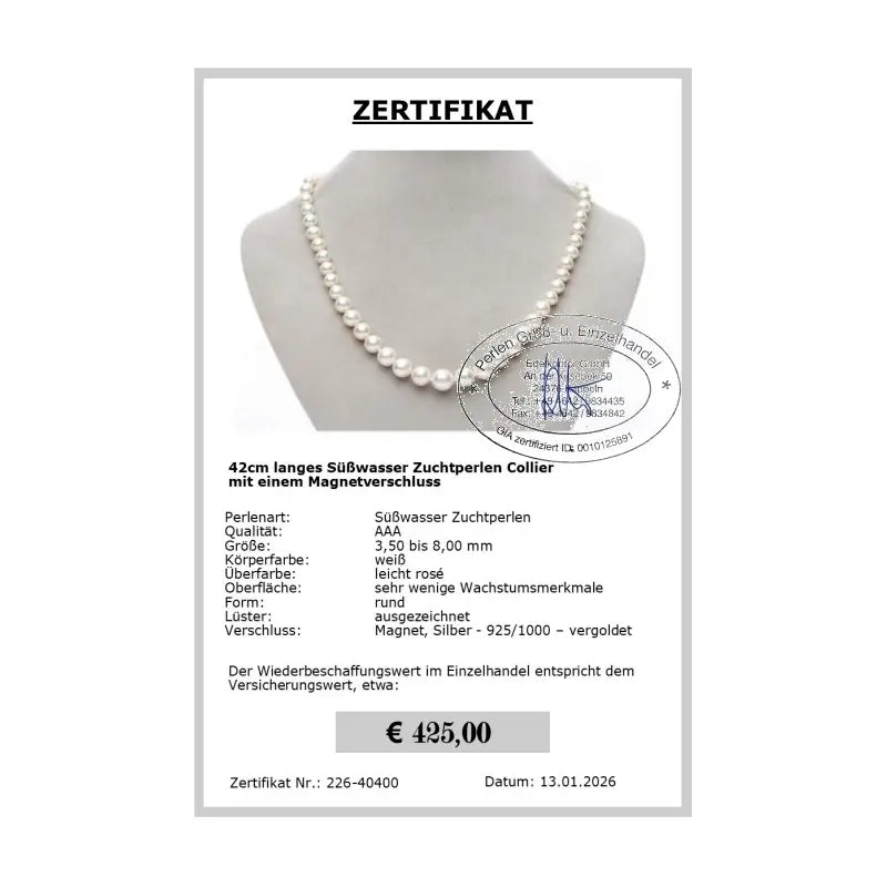 Zertifikat für Perlenkette Verlauf