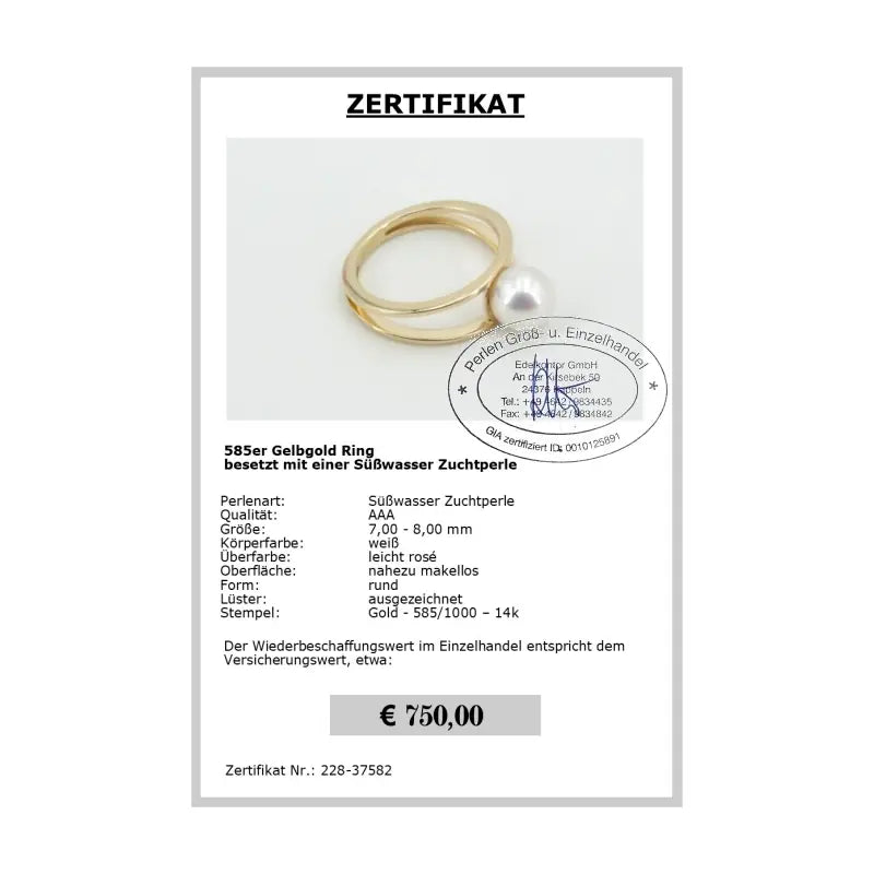 Perlenring 585 Gelbgold Zertifikat