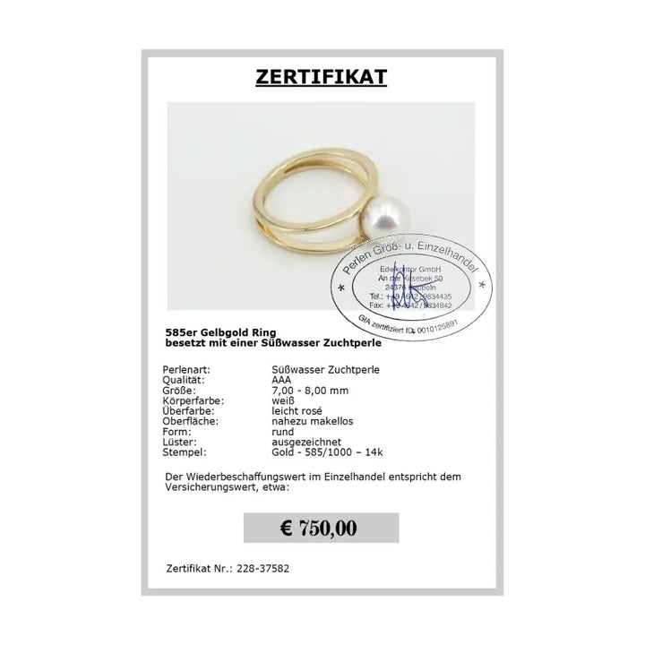 Perlenring 585 Gelbgold Zertifikat