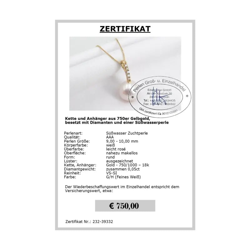 Goldkette mit Perlen Anhänger - Zertifikat