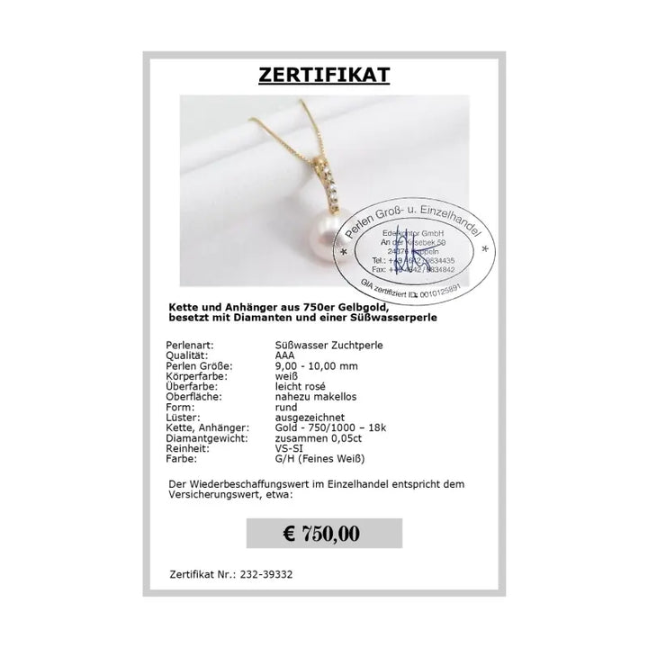 Goldkette mit Perlen Anhänger - Zertifikat