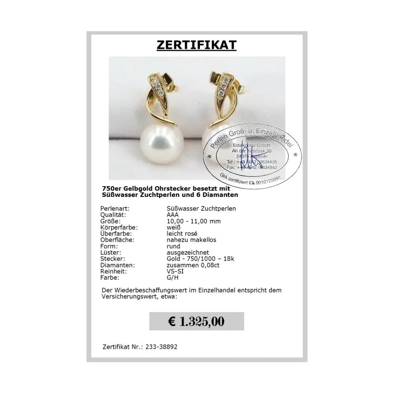 Süßwasser Perlenohrstecker mit Diamanten 10.0 - 11.0 mm