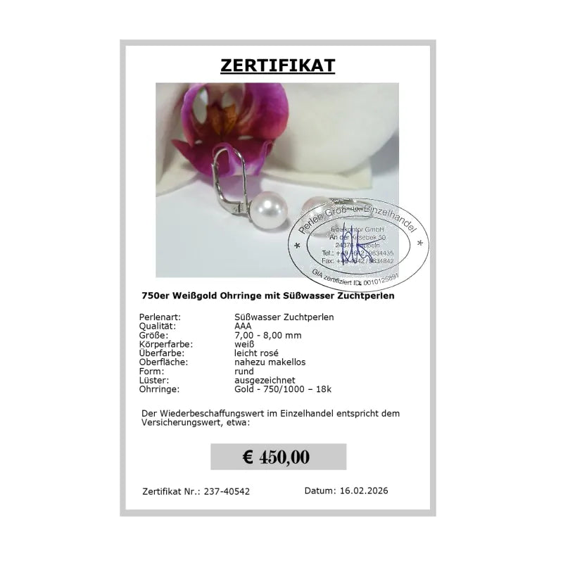 Perlenohrringe weiß Zertifikat