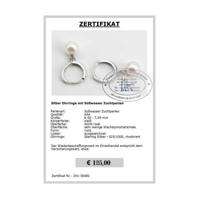 Silber Ohrringe mit Perlen Zertifikat