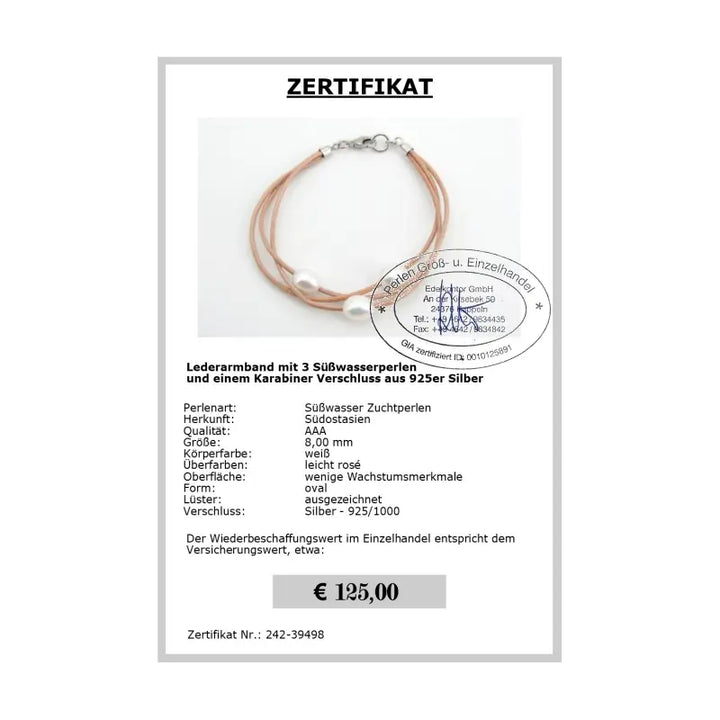 Perlenarmband Leder Zertifikat 