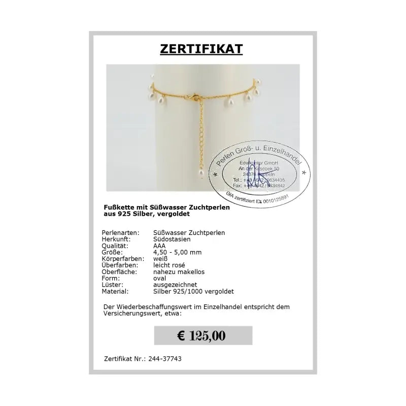 Perlen Fußkette Zertifikat